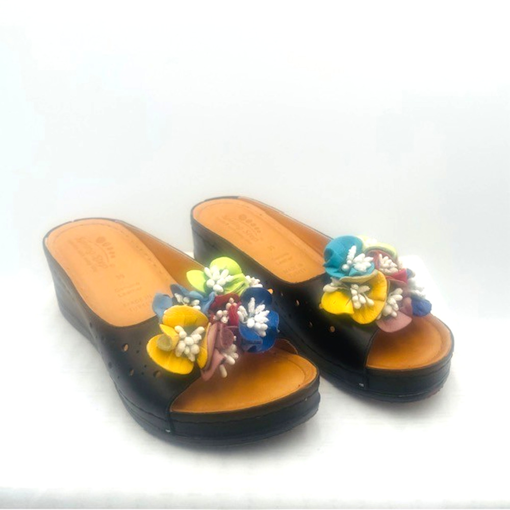 Spring Step Black Floral Women's Flower Wedge Sandals Size 39 - 8.5 - 9 Turkey